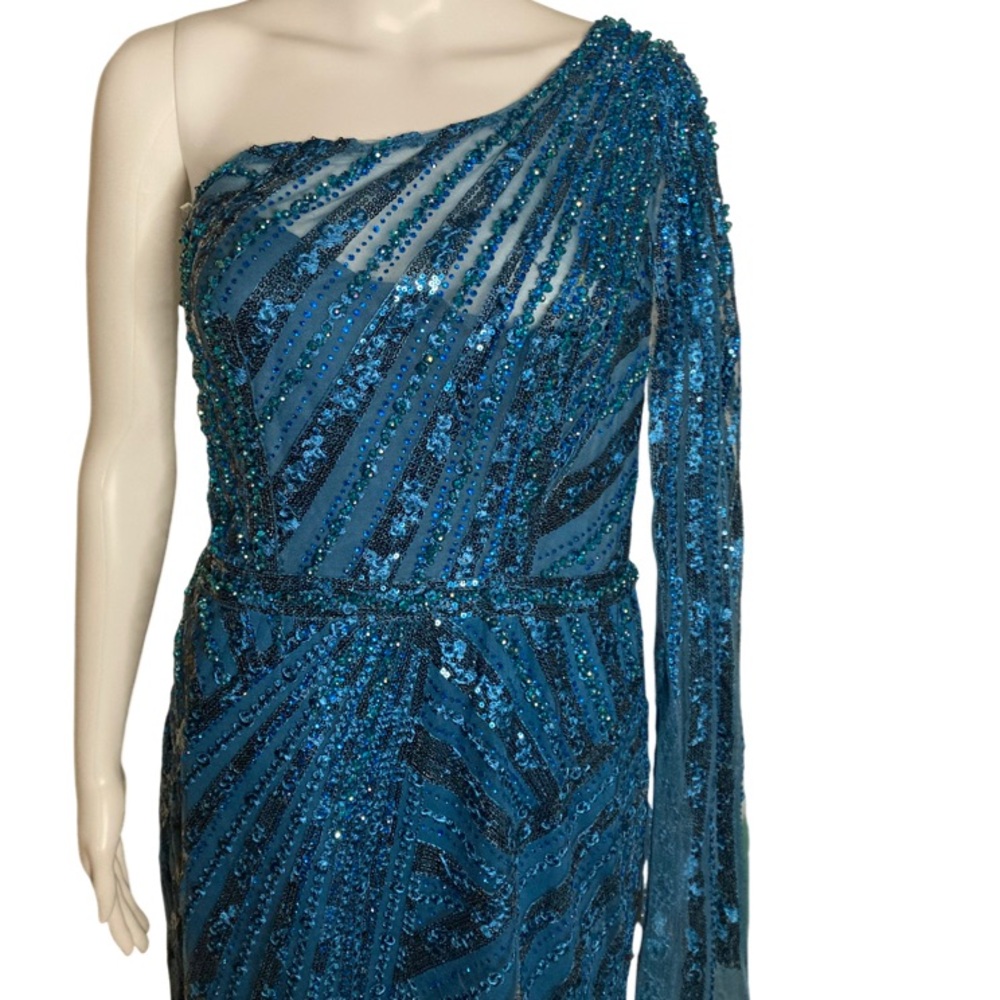 NWT Mac Duggal 20528 Ocean Blue One Shoulder Cape Sleeve Embellished Gown -Sz 12 - Picture 5 of 10